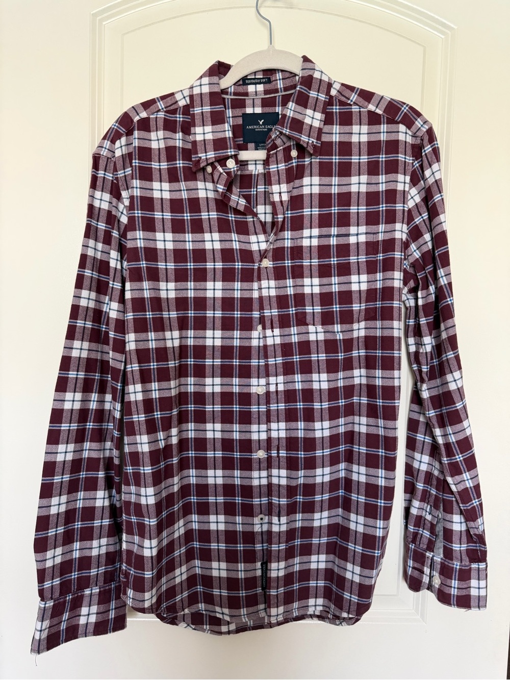 American Eagle Outfitters Men's Burgundy and White Plaid Button-Down Shirt